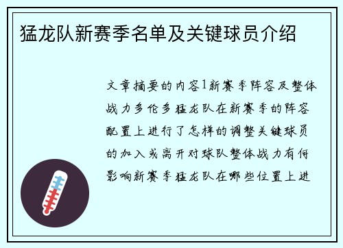 猛龙队新赛季名单及关键球员介绍