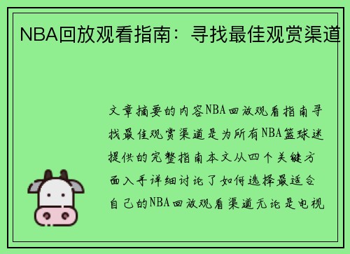 NBA回放观看指南：寻找最佳观赏渠道